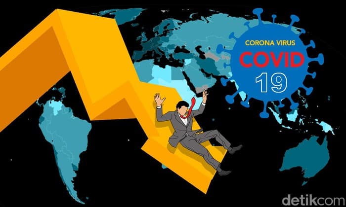 Kerusakan ekonomi akibat pandemi COVID-19, orang mengantuk di peta dunia dengan panah menurun, menunjukkan dampak global virus corona di dunia.
