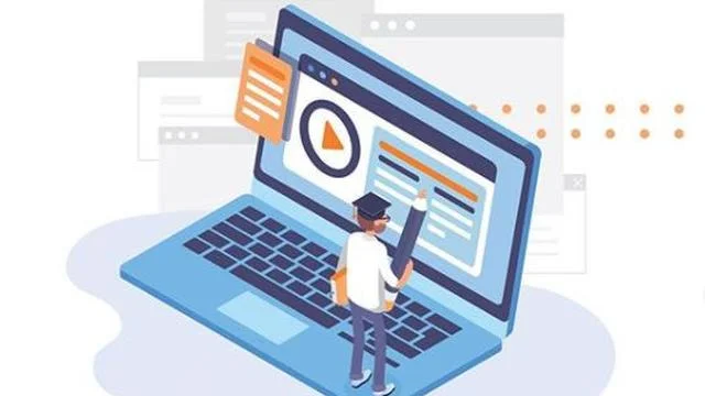 Analisis data dan laporan digital di laptop untuk pengelolaan informasi edukasi online DuniaKuTulis.